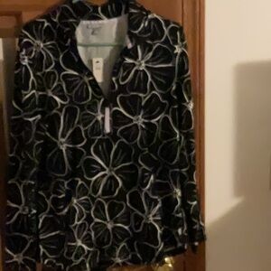 New Talbots Black and White Floral Zip-Up Top size M